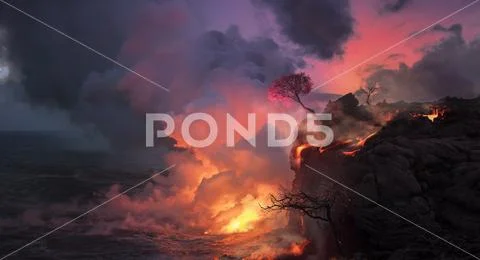 Beautiful landscape of lava flowing from shore into the ocean, cherry blossom Stock Photos
