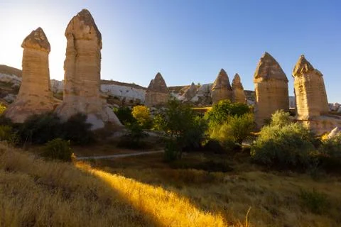 Beautiful landscape of Magic forms of sandstone rock near Goreme village Stock Photos