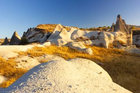 Beautiful landscape of Magic forms of sandstone rock near Goreme village Stock Photos