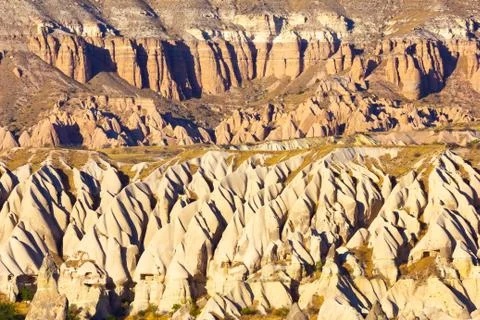 Beautiful landscape of Magic forms of sandstone rock near Goreme village Stock Photos