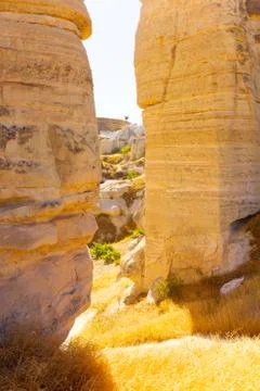 Beautiful landscape of Magic forms of sandstone rock near Goreme village Stock Photos