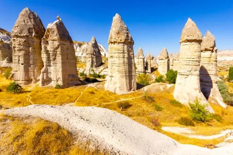Beautiful landscape of Magic forms of sandstone rock near Goreme village Stock Photos
