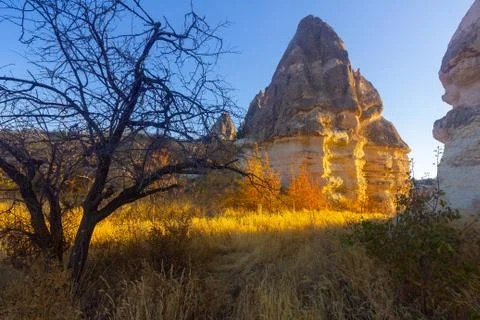 Beautiful landscape of Magic forms of sandstone rock near Goreme village Stock Photos