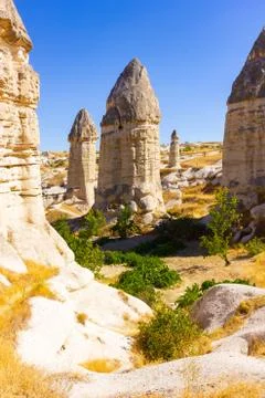 Beautiful landscape of Magic forms of sandstone rock near Goreme village Stock Photos
