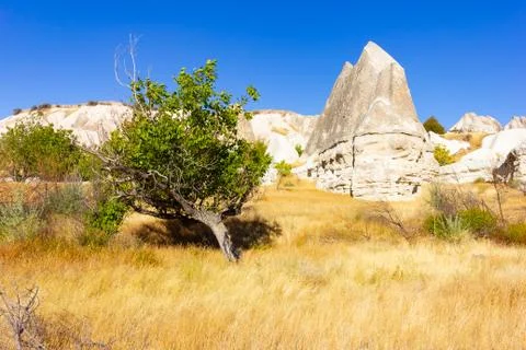 Beautiful landscape of Magic forms of sandstone rock near Goreme village Stock Photos