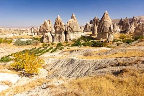 Beautiful landscape of Magic forms of sandstone rock near Goreme village Stock Photos