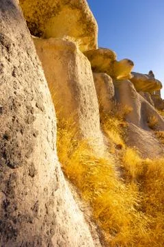 Beautiful landscape of Magic forms of sandstone rock near Goreme village Stock Photos