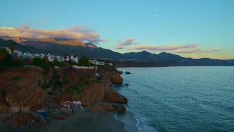 Beautiful Landscape of Nerja, Spain with clouds, sunset sky with magical colors Stock Footage