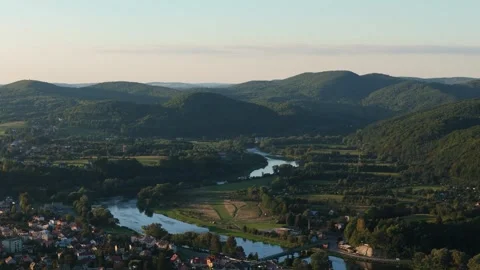 Beautiful Landscape River San Sanok Mountains Bieszczady Aerial View Poland Stock Footage 267891153