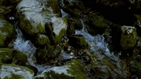 Beautiful landscape, a small stream flows down the green-covered rocks, a rapid Stock Footage 131064189