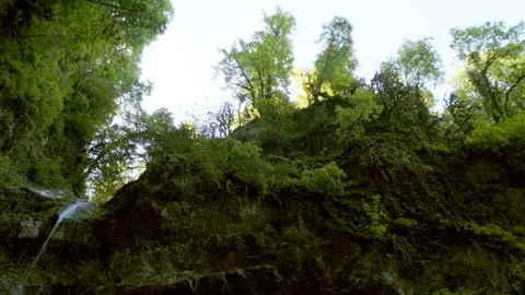 Beautiful landscape, a small waterfall flows down the green-covered rocks, a Stock Footage 131063961