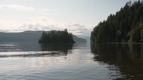 Beautiful landscape soft light mountains lake island coniferous trees forest Stock Footage 277669159