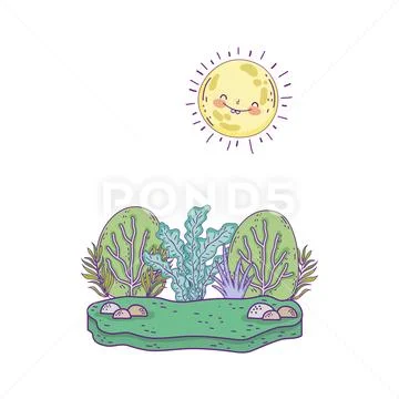 Beautiful landscape with sun and bush scene Stock Illustration