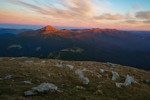 Beautiful landscape at sunset of Mount Hoverla is the highest mountain of the Stock Photos