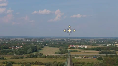 Beautiful Landscape Tower Cross Monastery Opactwo Jaroslaw Aerial View Poland Stock Footage 267935730