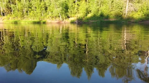 Beautiful landscape view of the river. Reflection of trees in the water. Video stock 139007337