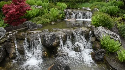 Beautiful landscape with waterfall falling from stone wall in japanese styl.. Stock Footage 242436910