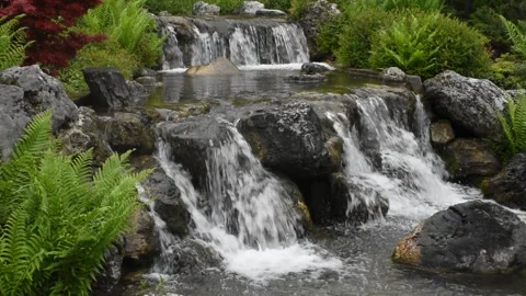 Beautiful landscape with waterfall falling from stone wall in japanese styl.. Stock Footage 242439148