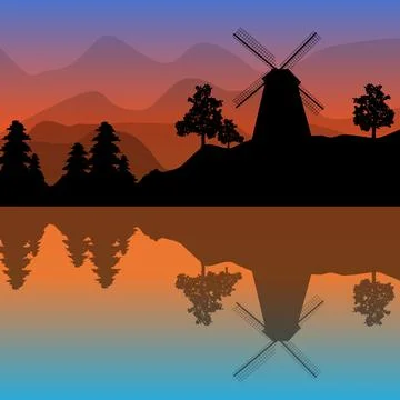 Beautiful landscape with windmill, trees, mountains and sunset. Stock Illustration