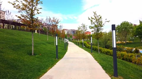 Beautiful landscaping. Walk in empty city park. Stock Footage