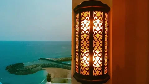 A beautiful lantern against the backdrop of the evening sea. Stock Footage 267485142