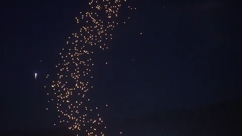 Beautiful lanterns tail floating in night sky Loi Krathong festival Thailand Video stock 114380837