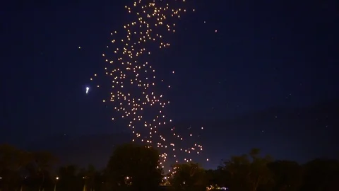 Beautiful lanterns tail floating in night sky Thailand Loi Krathong festival Stock Footage 114381644