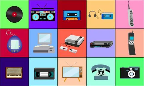 A beautiful large set of retro items of old vintage hipster electronics techn Stock Illustration
