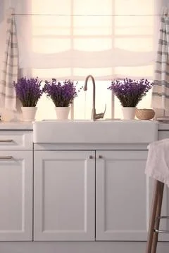 Beautiful lavender flowers on countertop near sink in kitchen Stock Photos