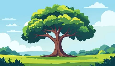Beautiful leafy tree with wide canopy in open grass field surrounded by mou.. Stock Illustration