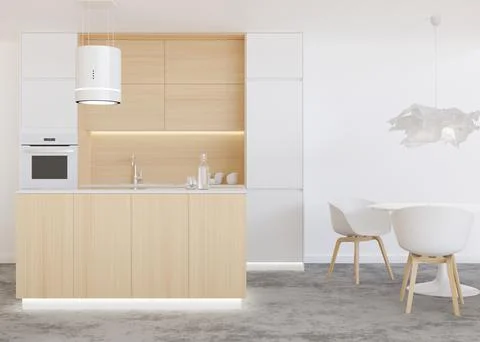 Beautiful, light and modern kitchen. White and wooden kitchen furniture. Dini Stock Photos