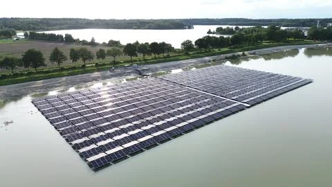 Beautiful Light on Floating Solar Panels, sustainable Energy Stock Photos