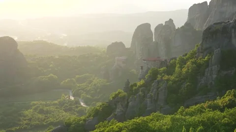 Beautiful Light Holy Monastery of Rousanou Meteora Greece at Sunset or Earl.. Stock Footage 334871126