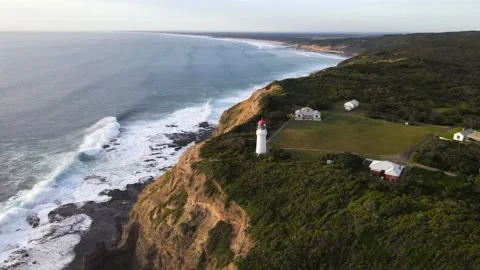 Beautiful Lighthouse on the cliffs ocean drone Australian coast view Cape Shanck 動画素材 196673807