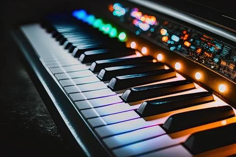 Beautiful lighting and a close up of an electronic piano keyboard. Generative AI Stock Illustration