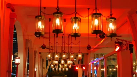 Beautiful lights under the ceiling outdoor the luxury building in Singapore Stock Footage 153113341