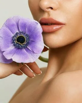 Beautiful lips after augmentation. Sensual female lips with purple flower Stock Photos