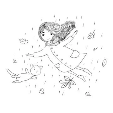 Beautiful little girl and a cute cartoon cat flying with autumn leaves Stock Illustration