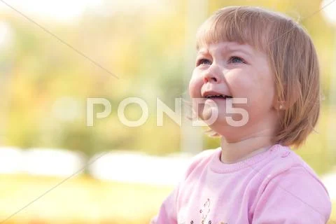 Beautiful little girl crying on the autumn forest Stock Photos