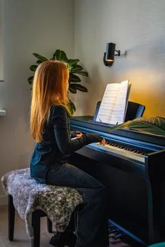 Beautiful long-haired red-haired teenage girl plays the piano Stock Photos