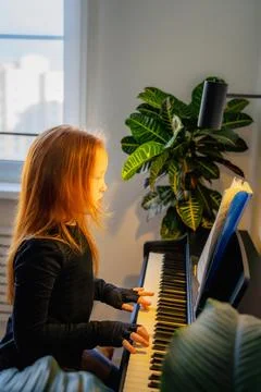Beautiful long-haired red-haired teenage girl plays the piano Stock Photos