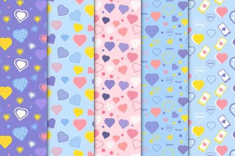 Beautiful love pattern bundle with different heart shapes on blue and purpl.. Illustrazione stock