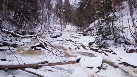 Beautiful low and slow forward shot over frozen river and forest Stock Footage 228474456