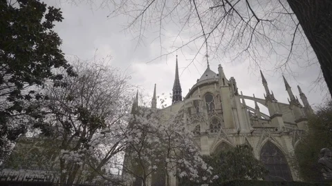 A beautiful low angle sliding shot of the back of the Notre Dame in Paris Stock Footage 98990502