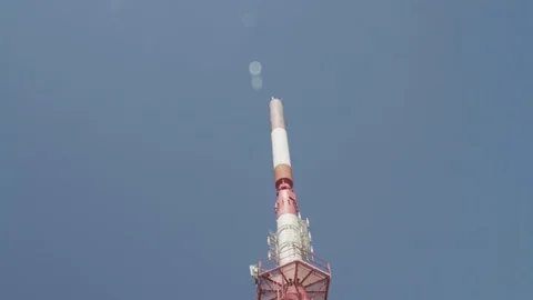 Beautiful low-angle view of a big telecommunication radio tower mast on a 스톡 동영상 111922915