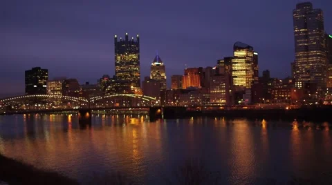 Beautiful low fly in of Pittsburgh over the Monongahela River at night Stock Footage 59377430