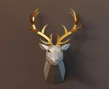 Beautiful low poly deer trophy golden horns in full face, brown background, 3d Illustrazione stock
