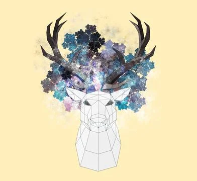 Beautiful low poly deer trophy with paint splatter, 3d render Illustrazione stock