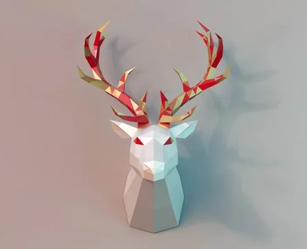Beautiful low poly deer trophy in full face, gray background, 3d render Stock Illustration