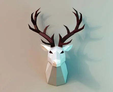 Beautiful low poly deer trophy, gray background, 3d rendered Illustrazione stock